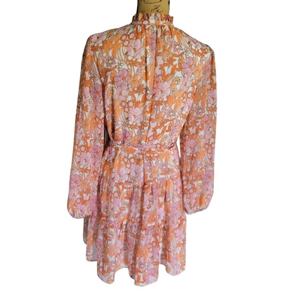 REYGRASS Long Sleeve Orange Pink Floral Dress Light Sheer Fabric Women's SZ M - Picture 2 of 9